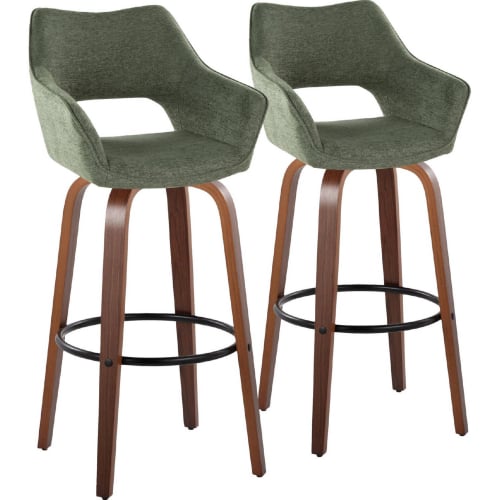 Mustang 30" Swivel Bar Stool in Walnut Wood & Green Fabric w/ Black Footrest (Set of 2)